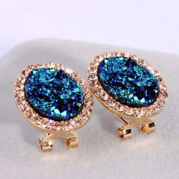 Round Stud Blue Multi Colored Stone with Halo - Picture 3 of 6